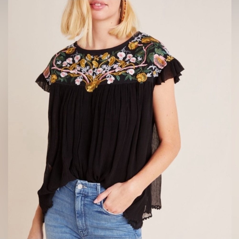 NWT Anthropologie Black Sheer Tunic with Floral Embroidery